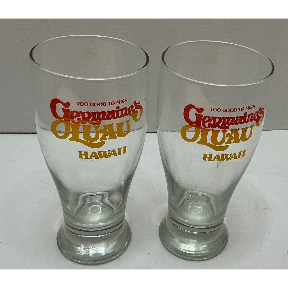 Germaine's Luau Vintage Souvenir Glasses Hawaii Footed Pilsner Set of 2 Tiki Bar